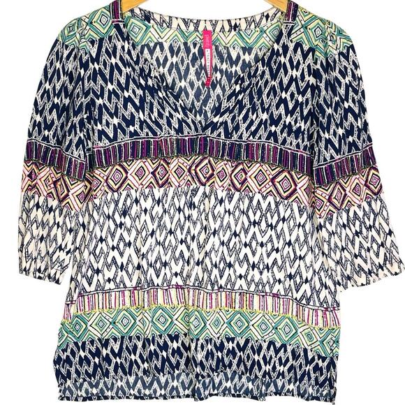 ANTHROPOLOGIE Plenty By Tracy Reese 3/4 Sleeve Colorful Geo Print Top - Picture 2 of 4